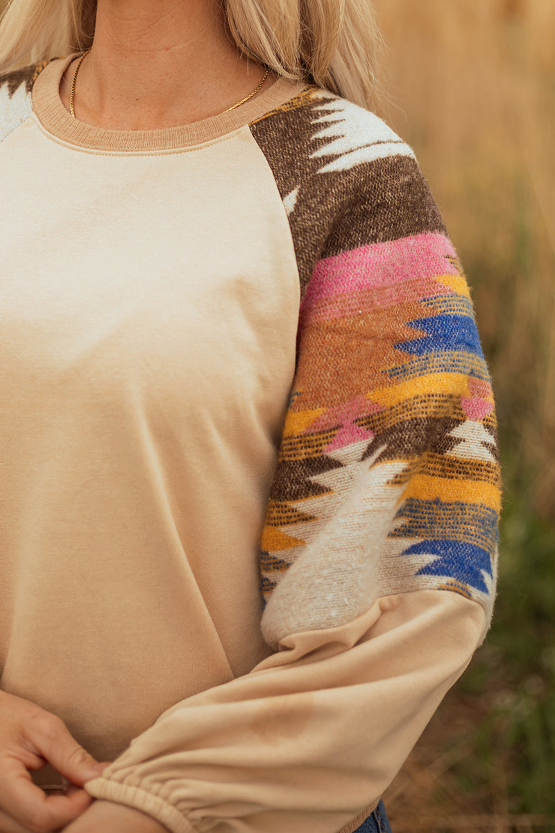 Light French Aztec Patchwork Raglan Pullover Sweatshirt