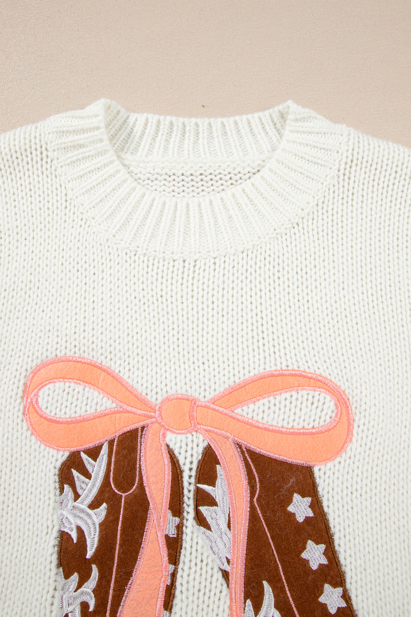 Embroidered Bow Boots Graphic Drop Shoulder Sweater