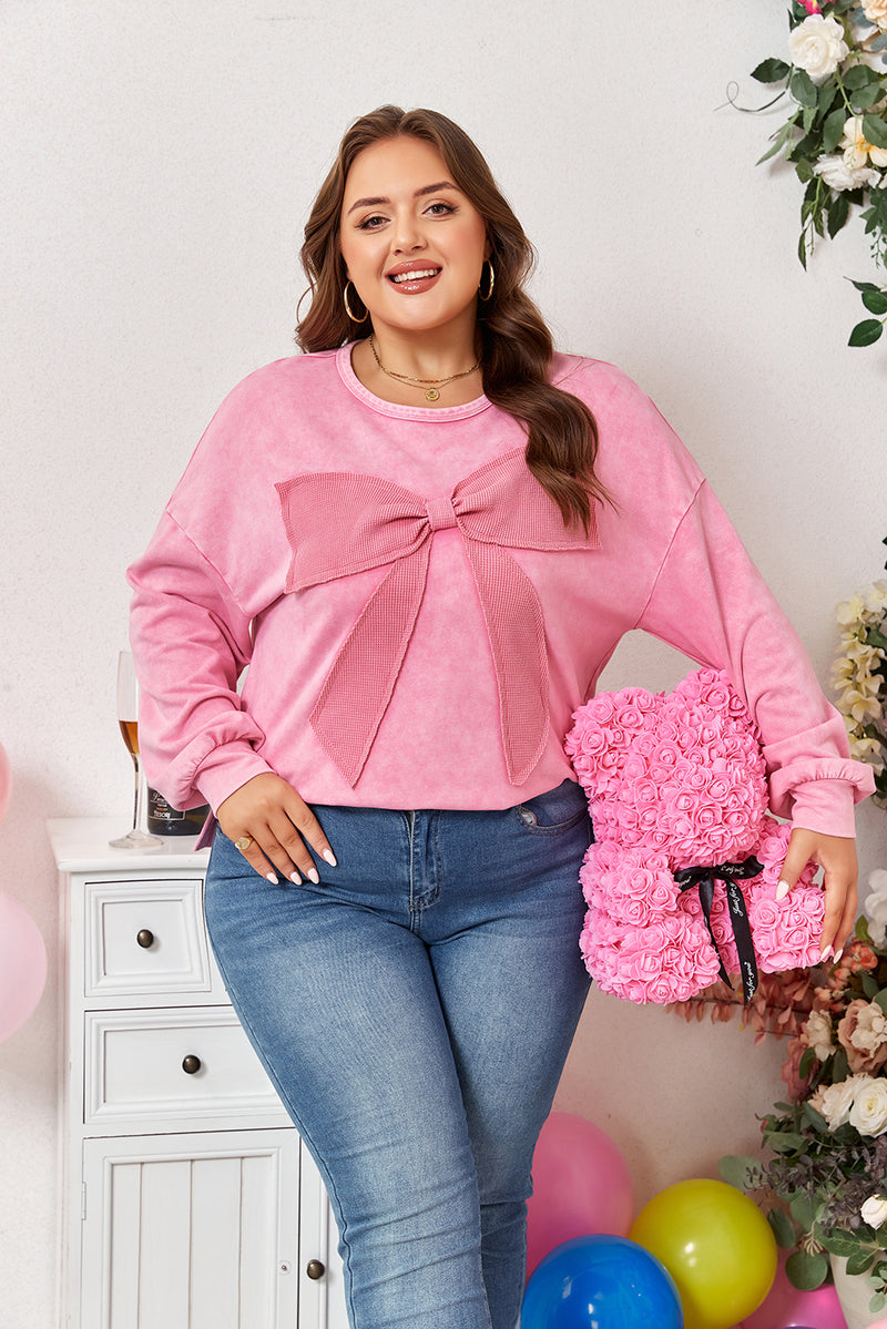 Bowknot Patchwork Graphic Mineral Wash Plus Size Sweatshirt