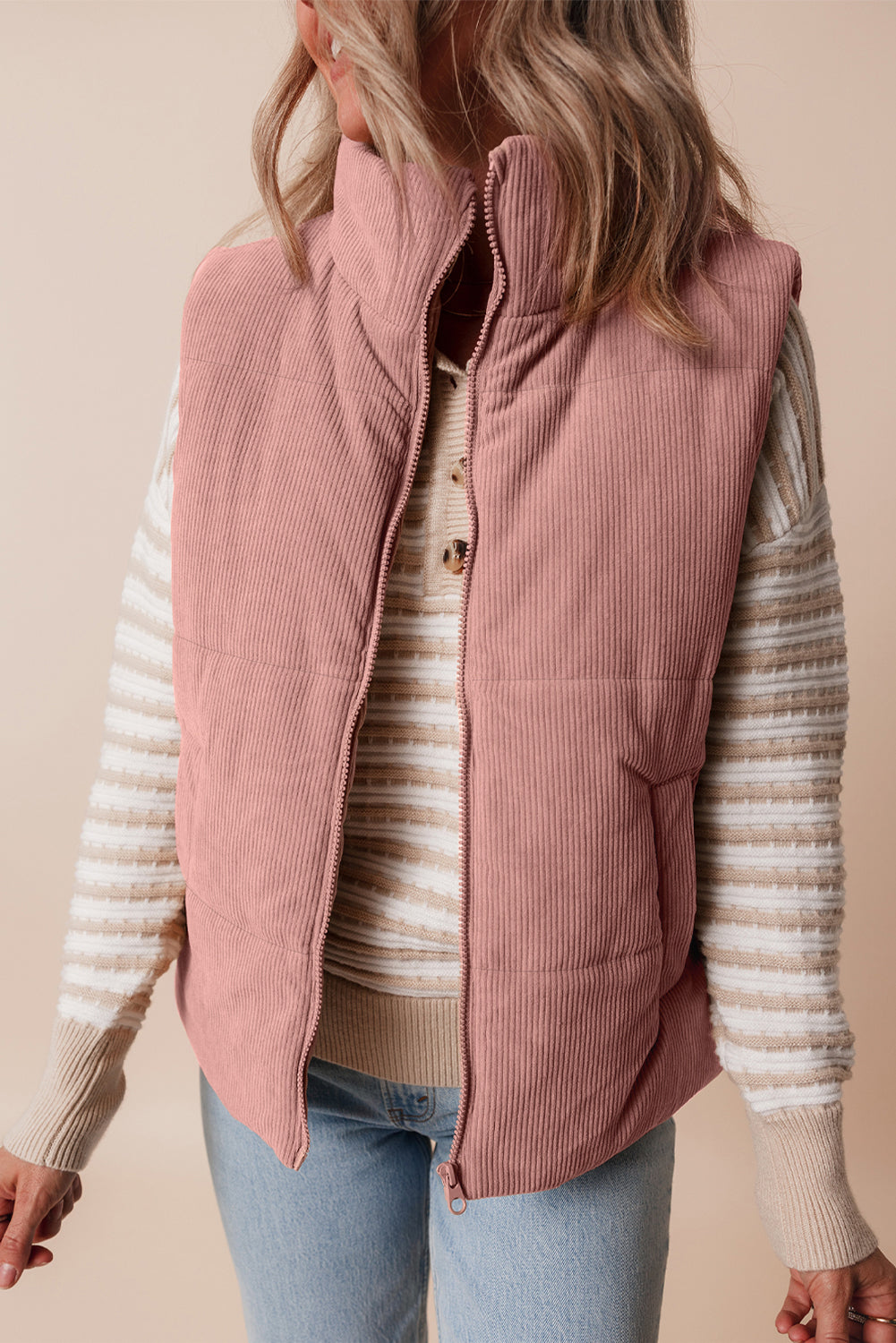 Corduroy Stand Neck Zipped Puffer Vest