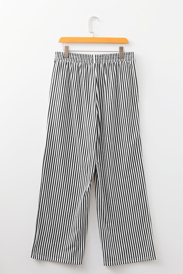 Stripe Elastic High Waist Pocketed Loose Pants