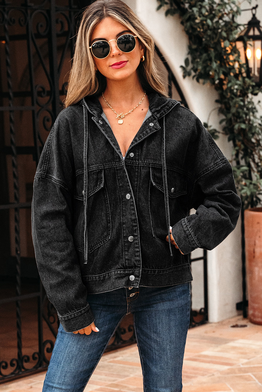 Big Chest Pocket Drop Shoulder Hooded Denim Jacket