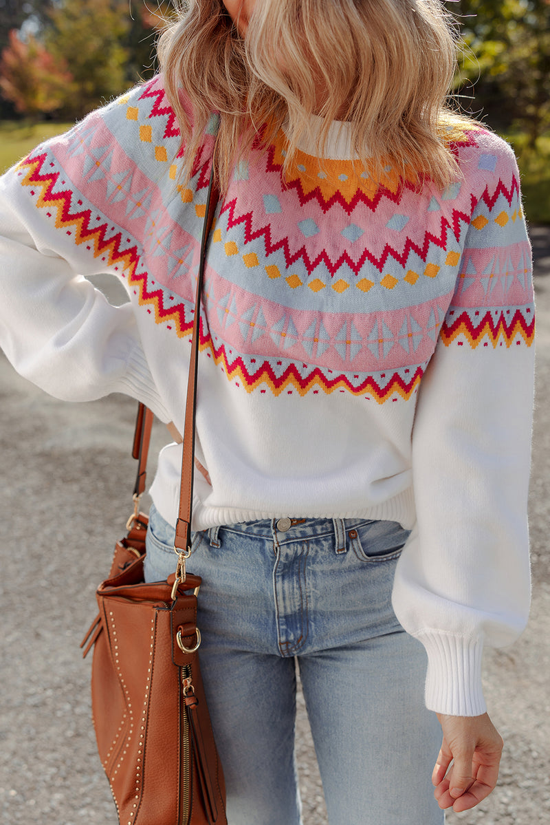 Ethnic Geometric Colorblock Print Drop Shoulder Sweater