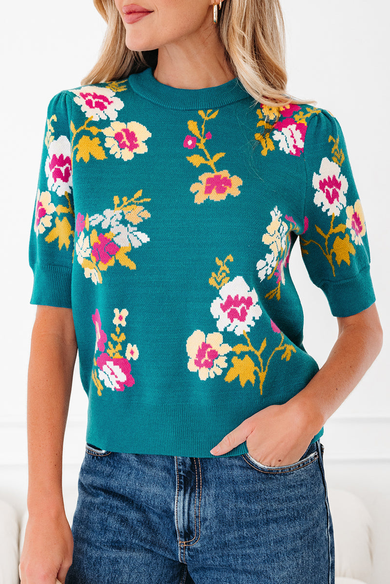 Teal Flower Pattern Mock Neck Short Sleeve Knitted T Shirt