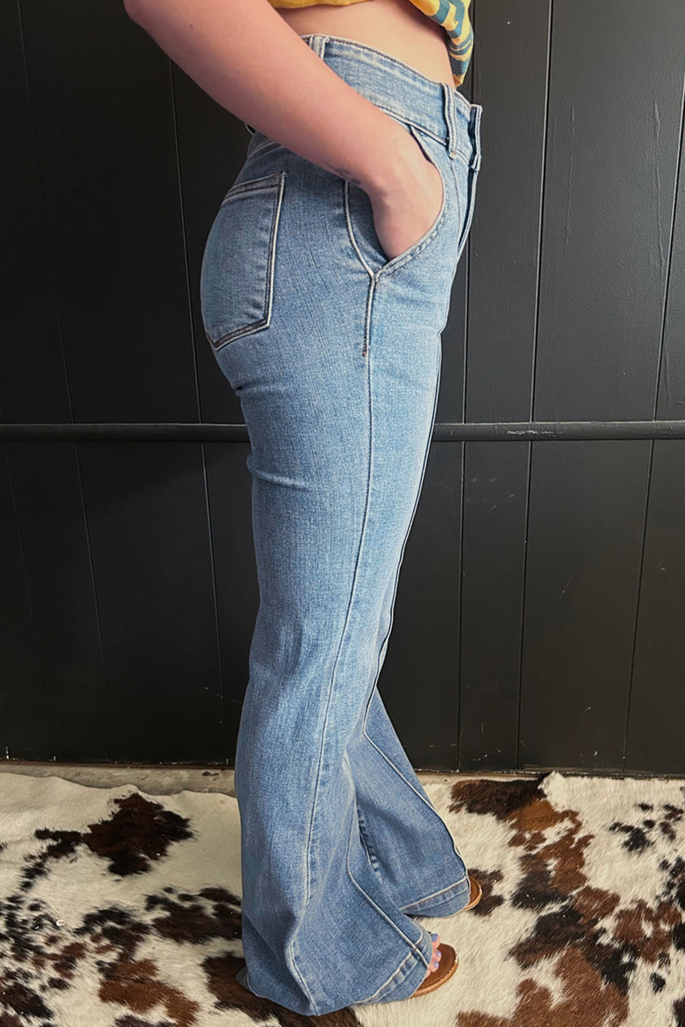 Button High Waist Piping Trim Bootcut Jeans