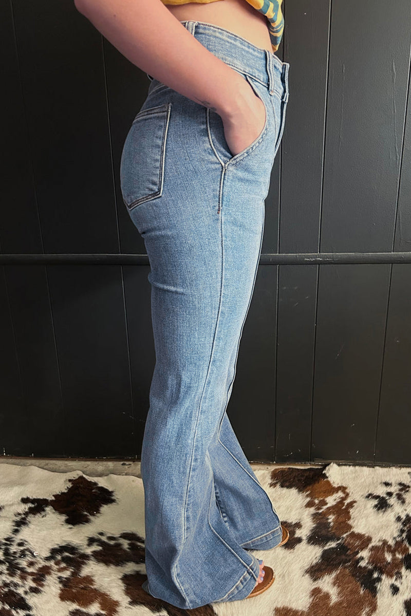 Button High Waist Piping Trim Bootcut Jeans
