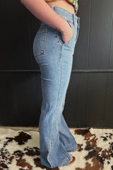 Button High Waist Piping Trim Bootcut Jeans