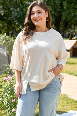 Pearl Decor Crew Neck Half Sleeve Plus Size T Shirt