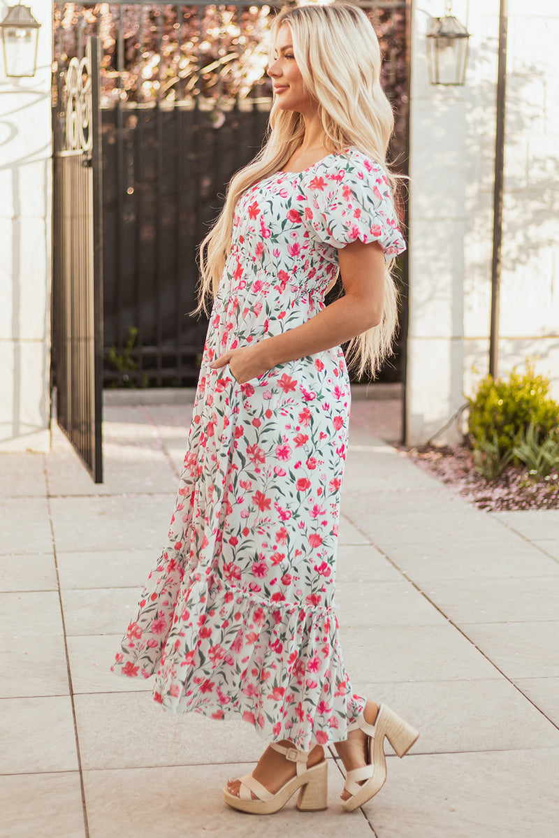 Floral Puff Sleeve Square Neck Empire Waist Tiered Maxi Dress