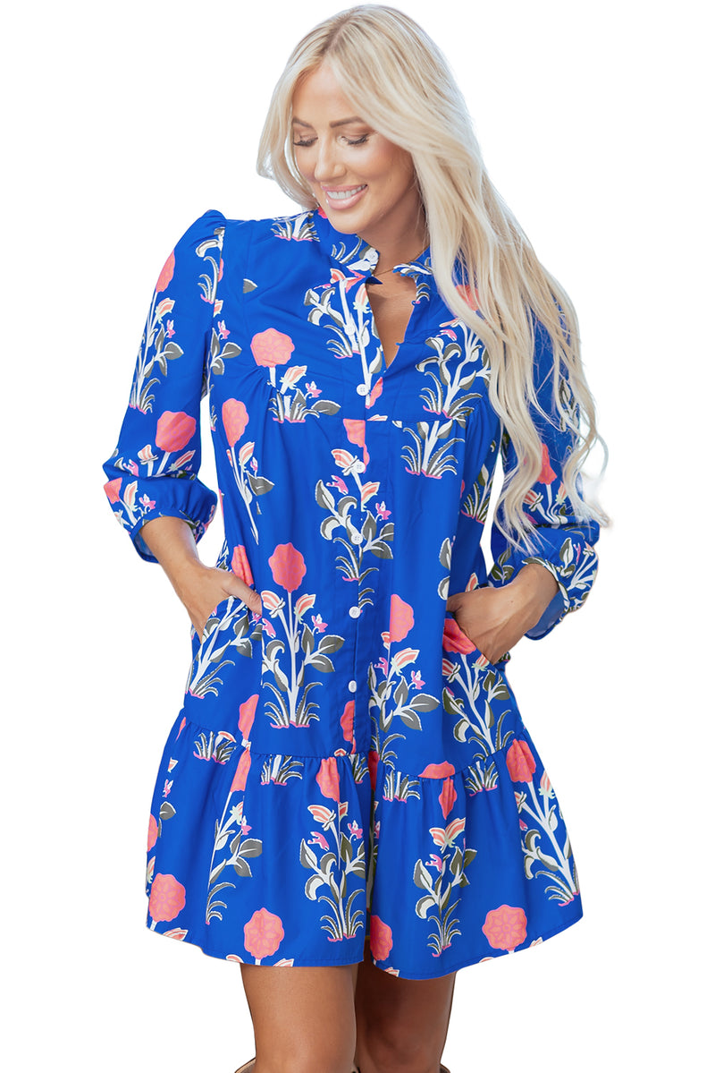 Floral Print Button Detail 3/4 Puff Sleeve Ruffle Hem Dress