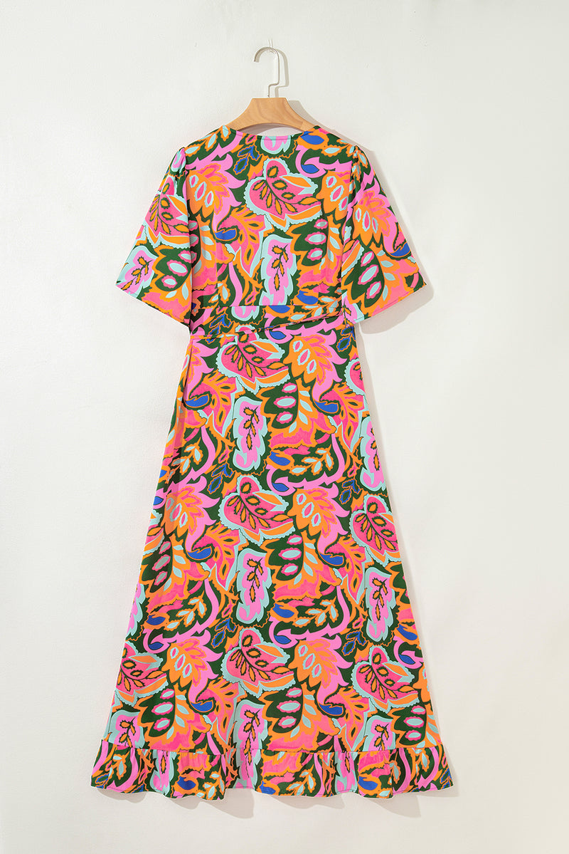 Summer Plant Print Surpliced V Neck Ruffled Asymmetric Slit Wide Short Sleeve Maxi Dress