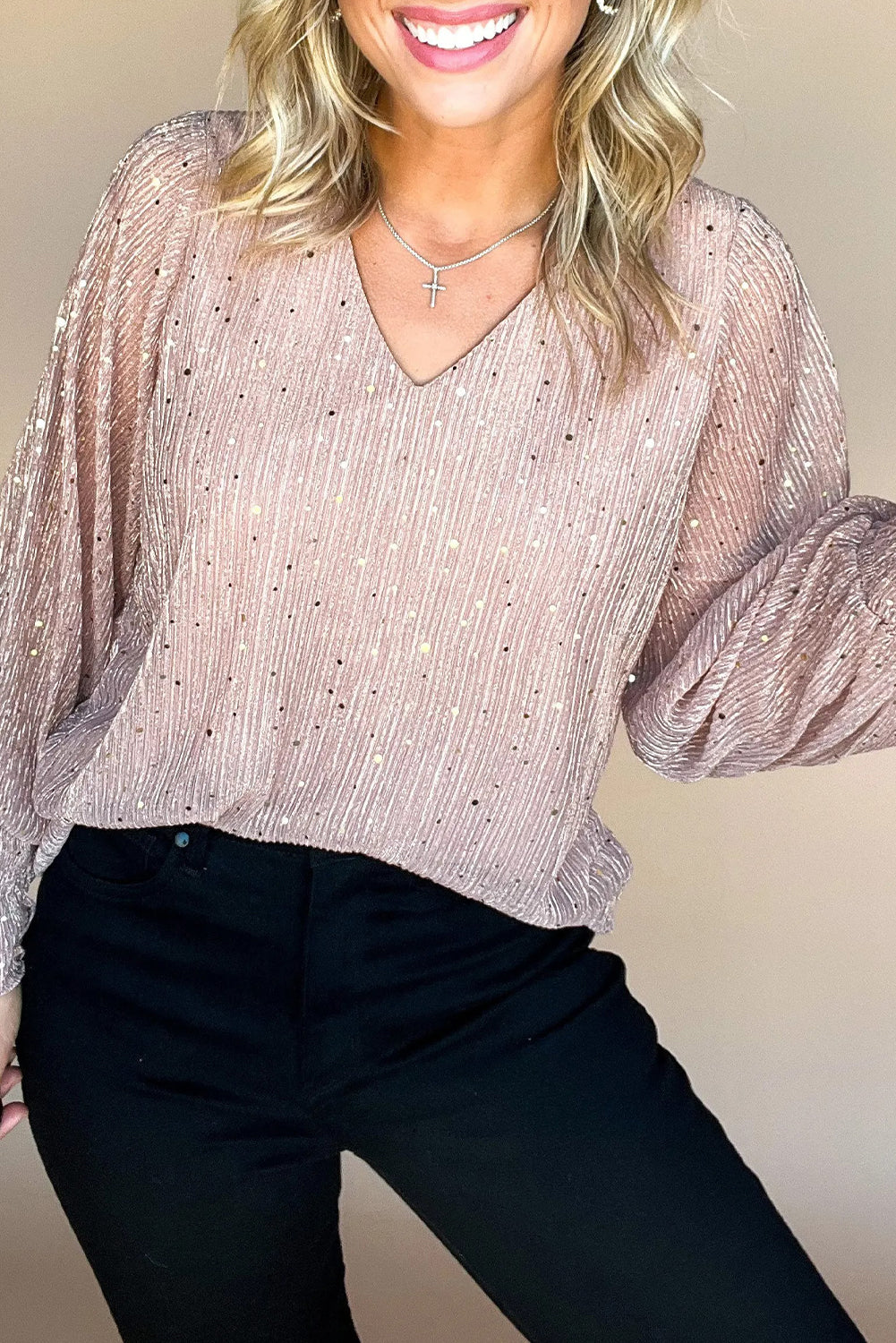 V Neck Sequin Plisse Long Sleeve Blouse