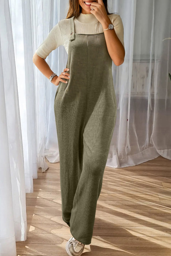 Solid Color Knit Loose Straight Leg Casual Overall Jumpsuit