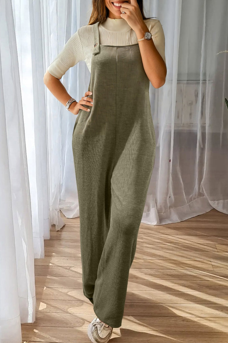Solid Color Knit Loose Straight Leg Casual Overall Jumpsuit