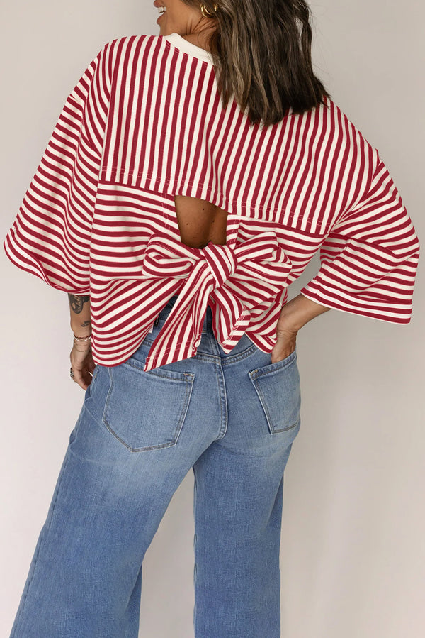 Stripe Bowknot Cutout Back Drop Shoulder Wide Bracelet Sleeve Loose Tee