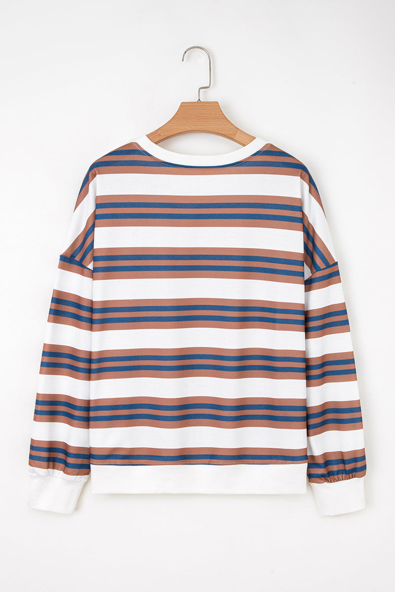 Brown Stripe Crew Neck Drop Shoulder Pullover Sweatshirt
