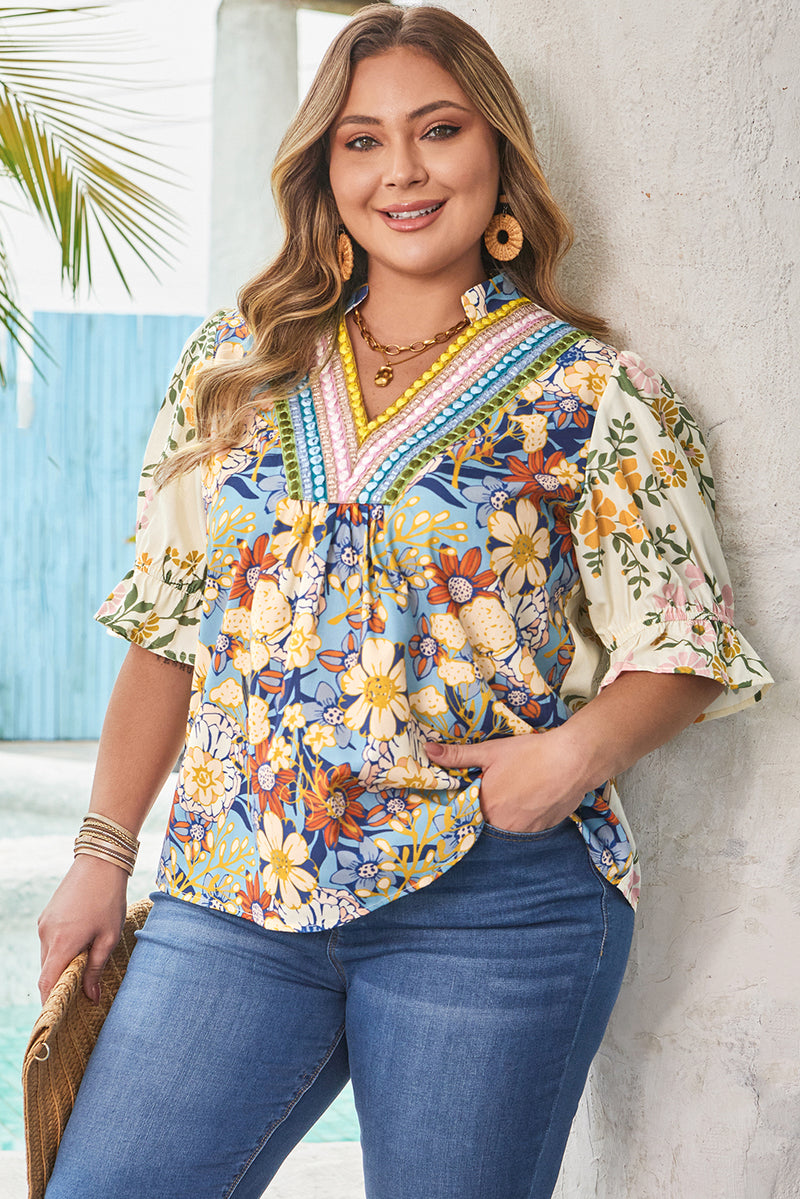 Plus Size Floral Print Woven V Neck Half Sleeve Blouse