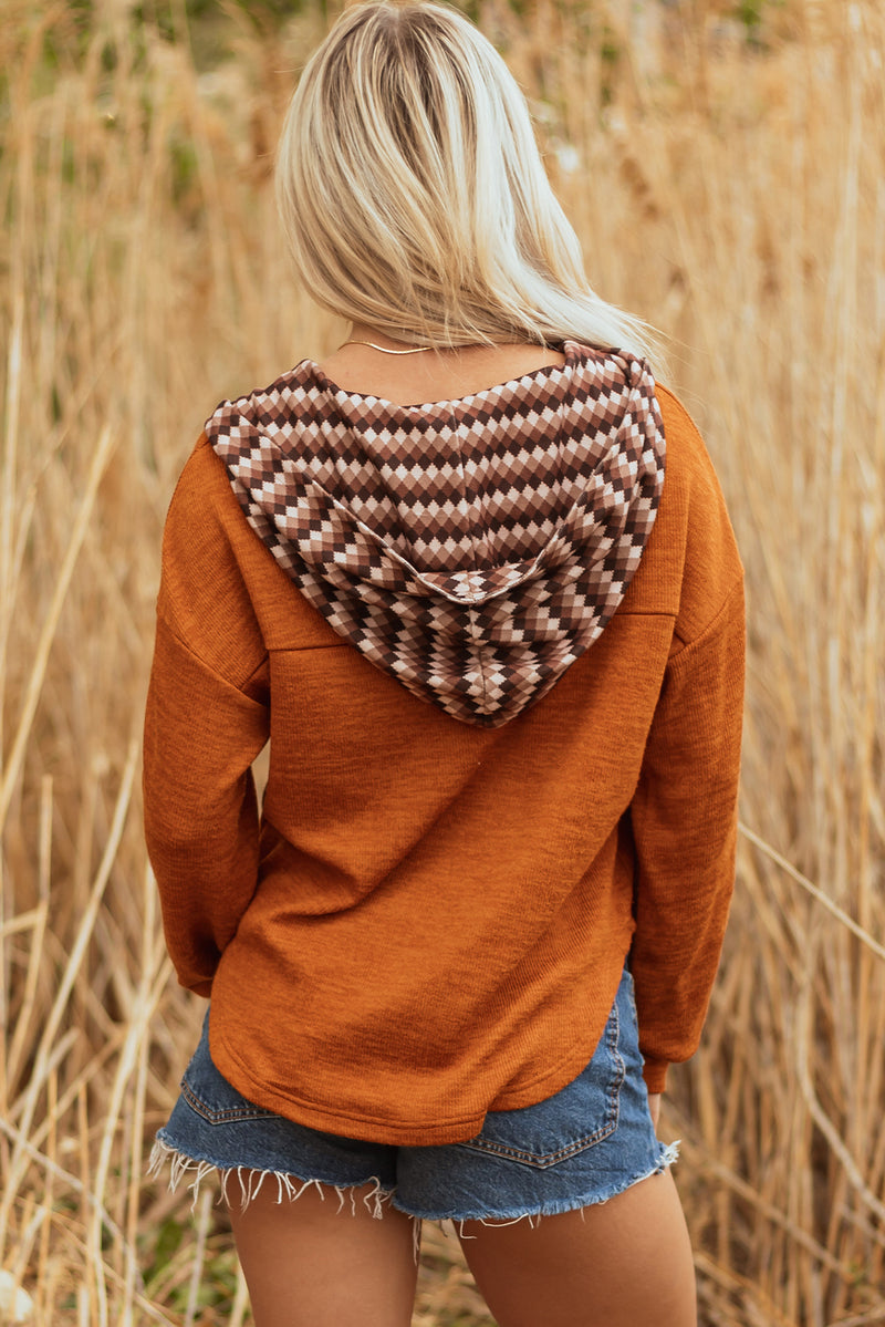 Contrast Plaid Hood Patchwork Chest Pocket Henley Top