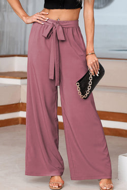 High Waisted Tie Front Side Pocket Wide Leg Flowy Casual Pants