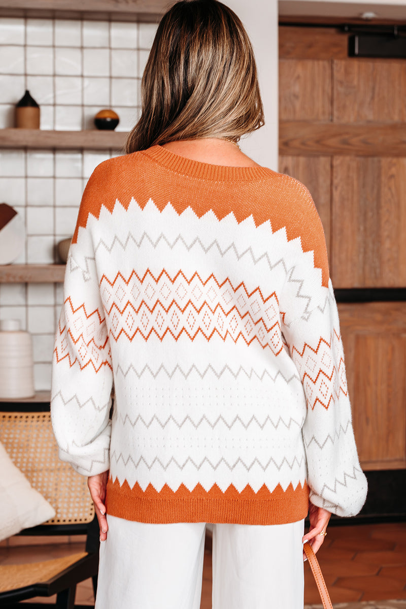 Latte Brown Zigzag Geometric Pattern Knitted Pullover Sweater