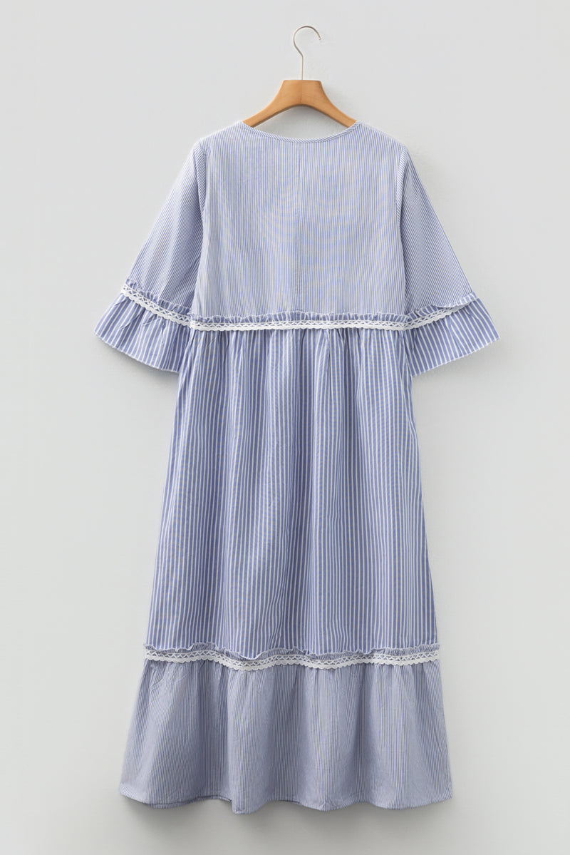 Stripe Patchwork Crossed Lace Detail Bracelet Sleeve Maxi Dress