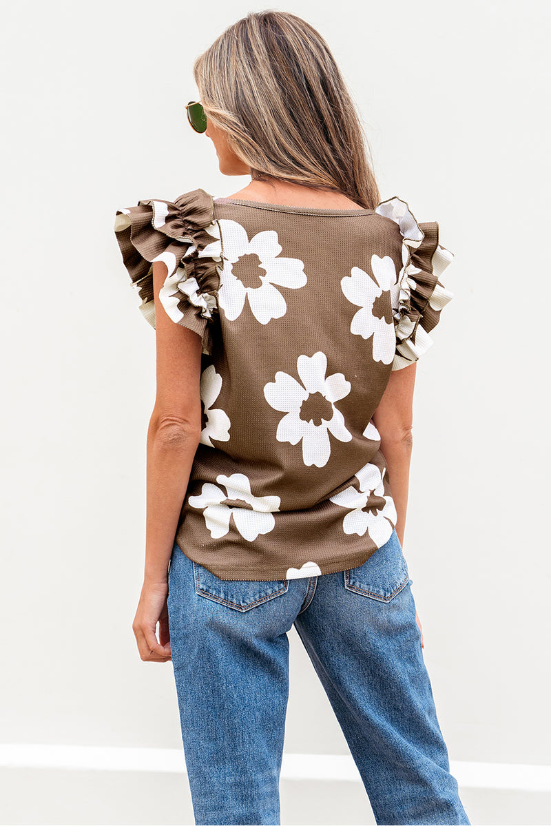 Floral Textured Ruffled Short Sleeve Square Neck Blouse