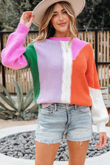 Color Block Textured Knit Drop Shoulder Loose Fit Sweater