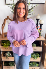 Thermal Knit Contrast Textured Patchwork Long Sleeve Top