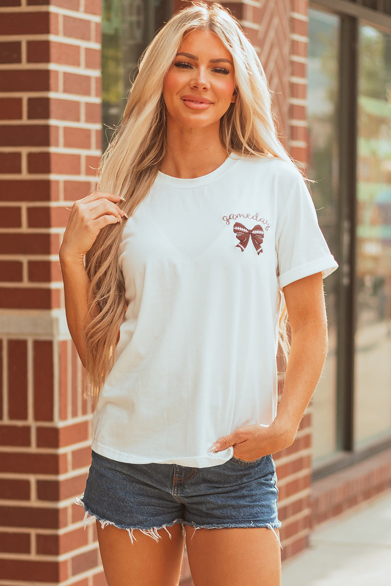 Game Day Bowknot Embroidered Graphic Casual Tee
