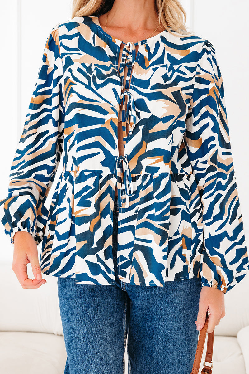 Zebra Print Tied Front Puff Sleeve Top