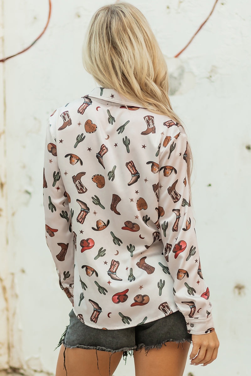 Western Fashion Print Button Up Casual Shirt