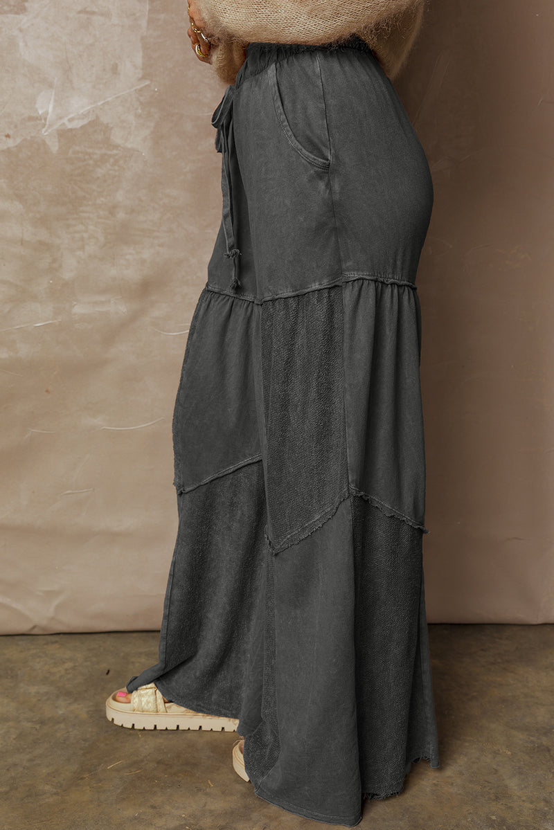 Mineral Wash Tiered Wide Leg Patchwork Drawstring Pants