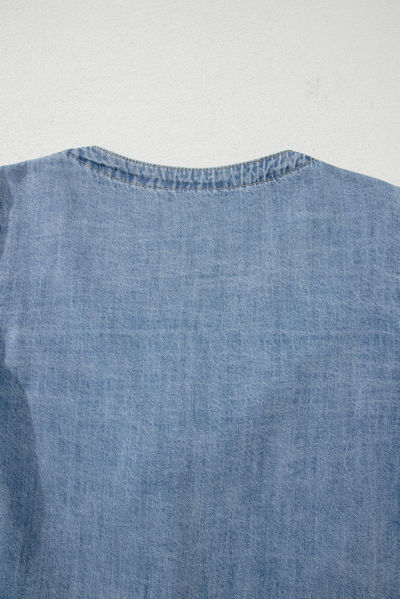 Tied Front Long Puff Sleeve Denim Top