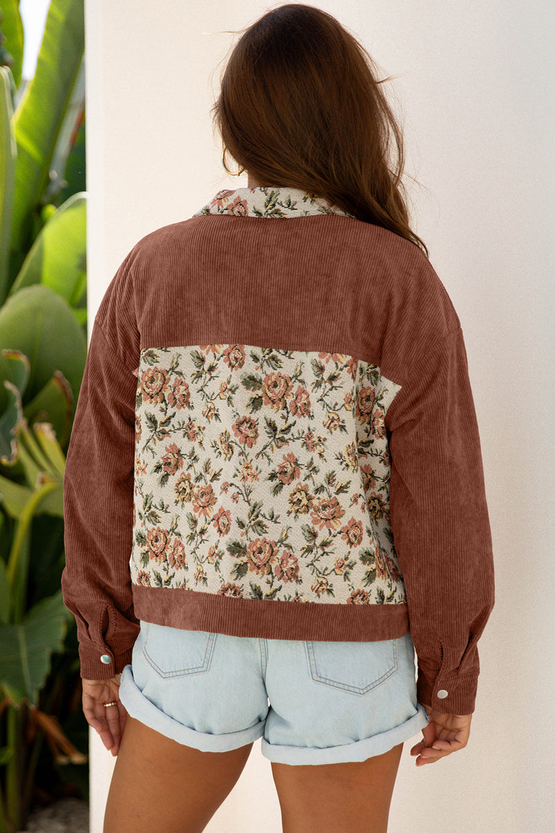 Brown Ribbed Retro Floral Patchwork Shirt Style Jacket