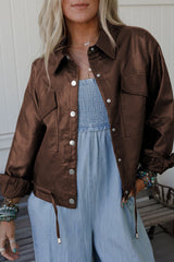 Brown Double Flap Pocket Drawstring Hem Leather Jacket