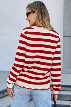 Solid Stripe Chic Golden Button Cardigan Sweater