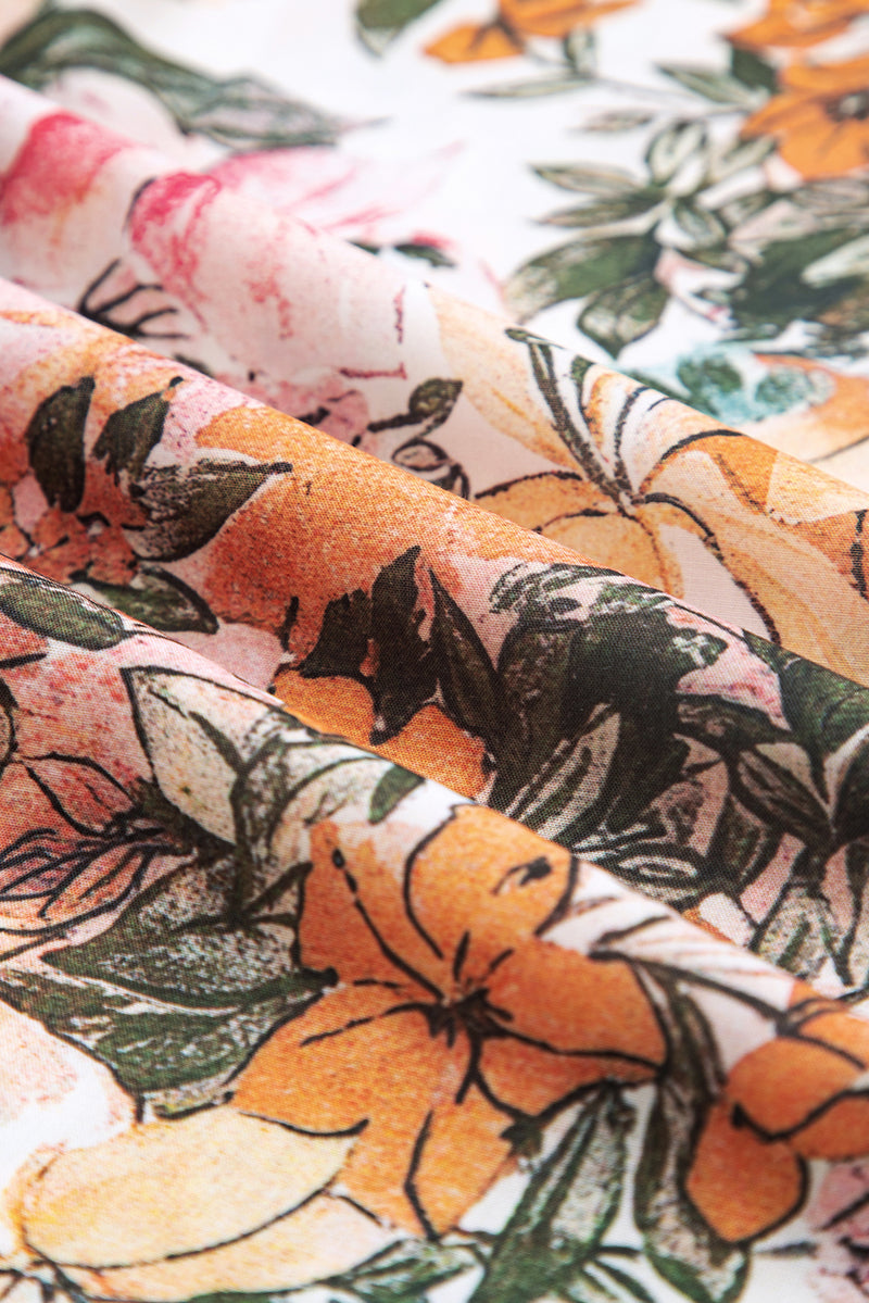 Floral Print Lace Embroidery Tie Split Neck Long Sleeve Blouse