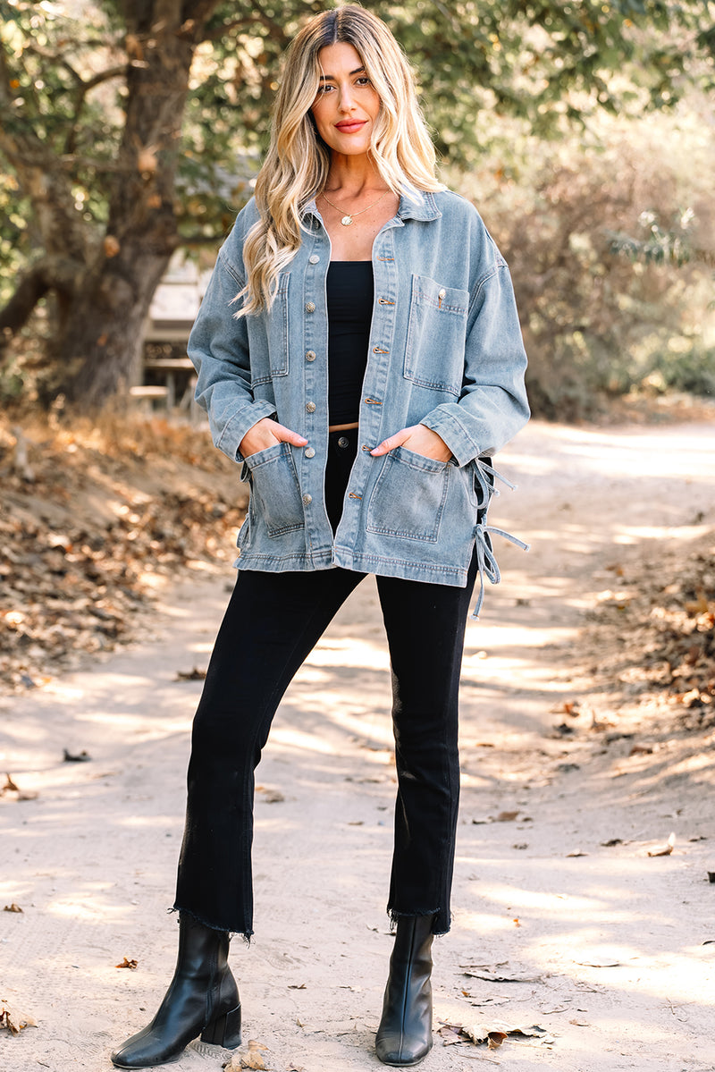 Multi Patched Pockets Side Tie up Boyfriend Style Denim Jacket