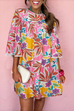 Floral Print Lace Trimmed Tie Back Bell Sleeve Swing Mini Dress