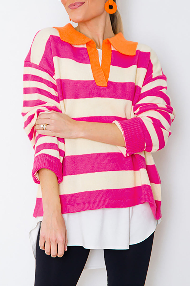 Stripe Color Block Collared V Neck Drop Shoulder Sweater