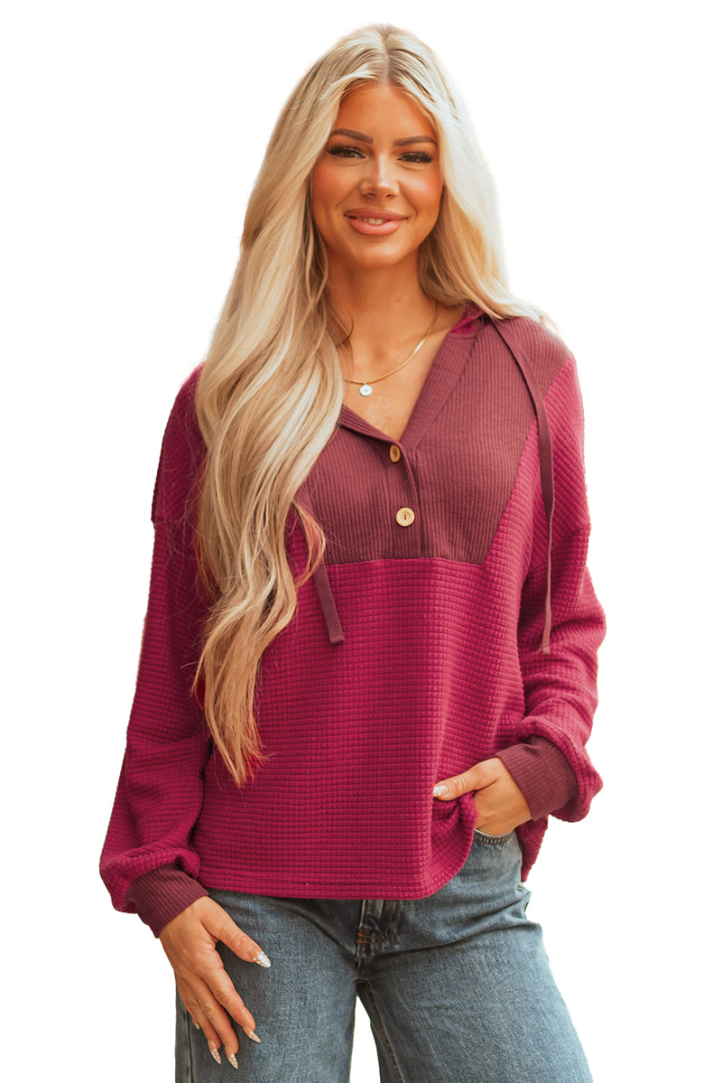 Waffle Patchwork Drop Shoulder Hooded Long Sleeve Top