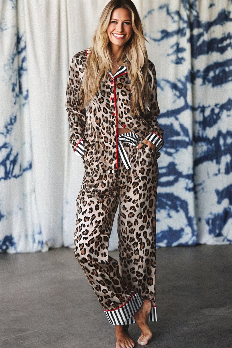 Leopard Print Colorblock Striped Edge Shirt and Pants Pajama Set