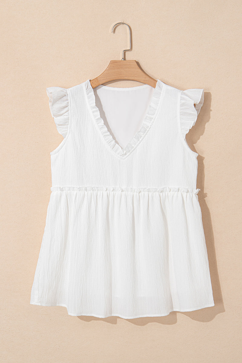 Textured Ruffled Trim V Neck Flutter Flowy Top