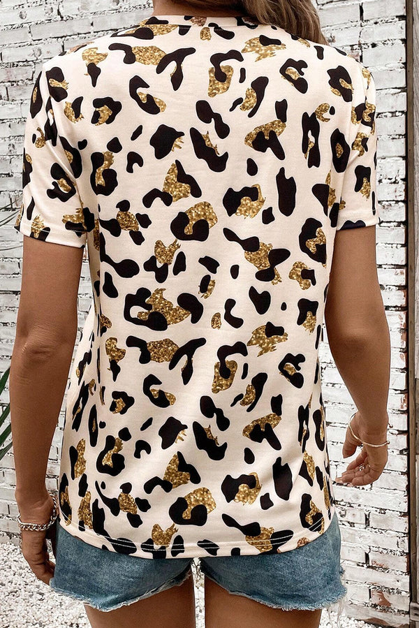 Leopard Print Round Neck Casual T Shirt