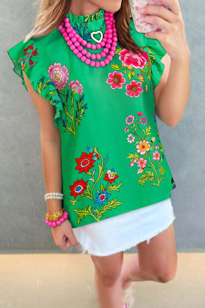 Floral Print Flutter Sleeve Frilly Neck Blouse