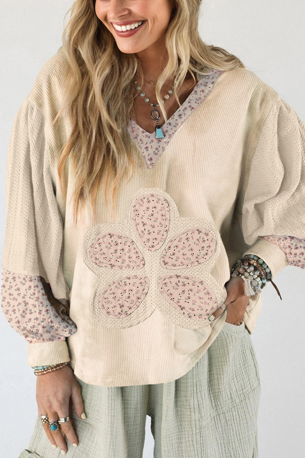 Beige Floral Patched Waffle Textured Colorblock V Neck Casual Hooded Top
