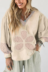Beige Floral Patched Waffle Textured Colorblock V Neck Casual Hooded Top