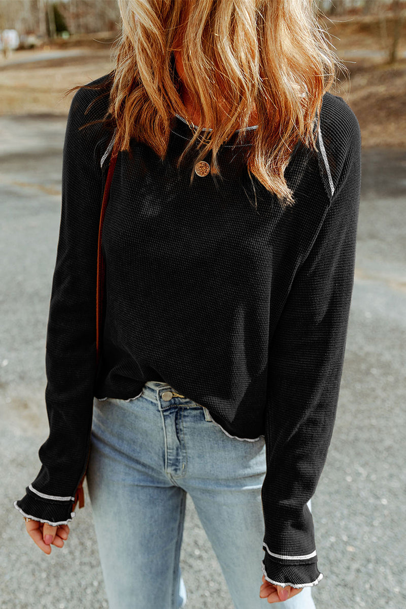Solid Textured Round Neck Long Sleeve Top