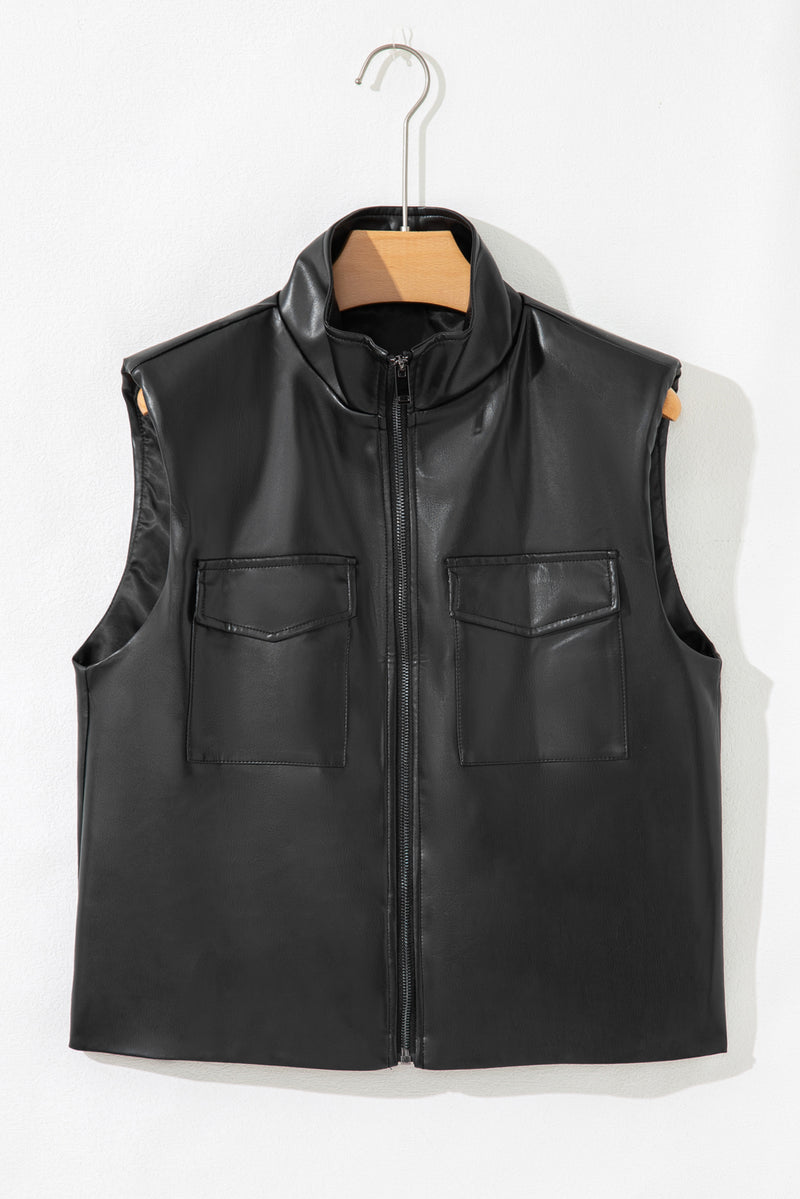 Double Flap Pocket Faux Leather Zip Up Stand Neck Vest