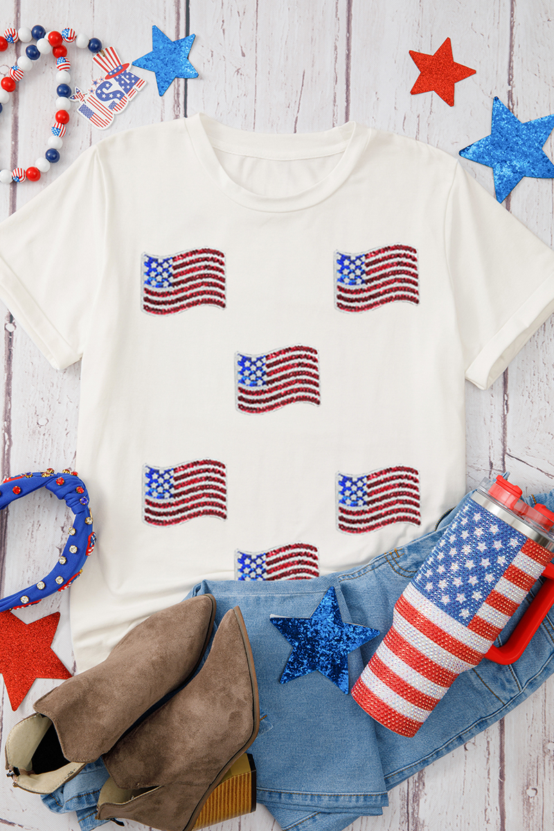 Sequin American Flag Patched Casual T Shirt